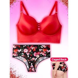 Torrid Red 2pc Lingerie Set 44D Bra 3 Panty XO Push Up Floral Caged Back NWT
